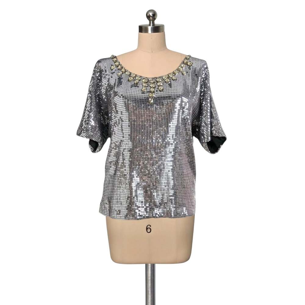 BOSTON PROPER Silver Sequin Cold Shoulder Top - Size Small